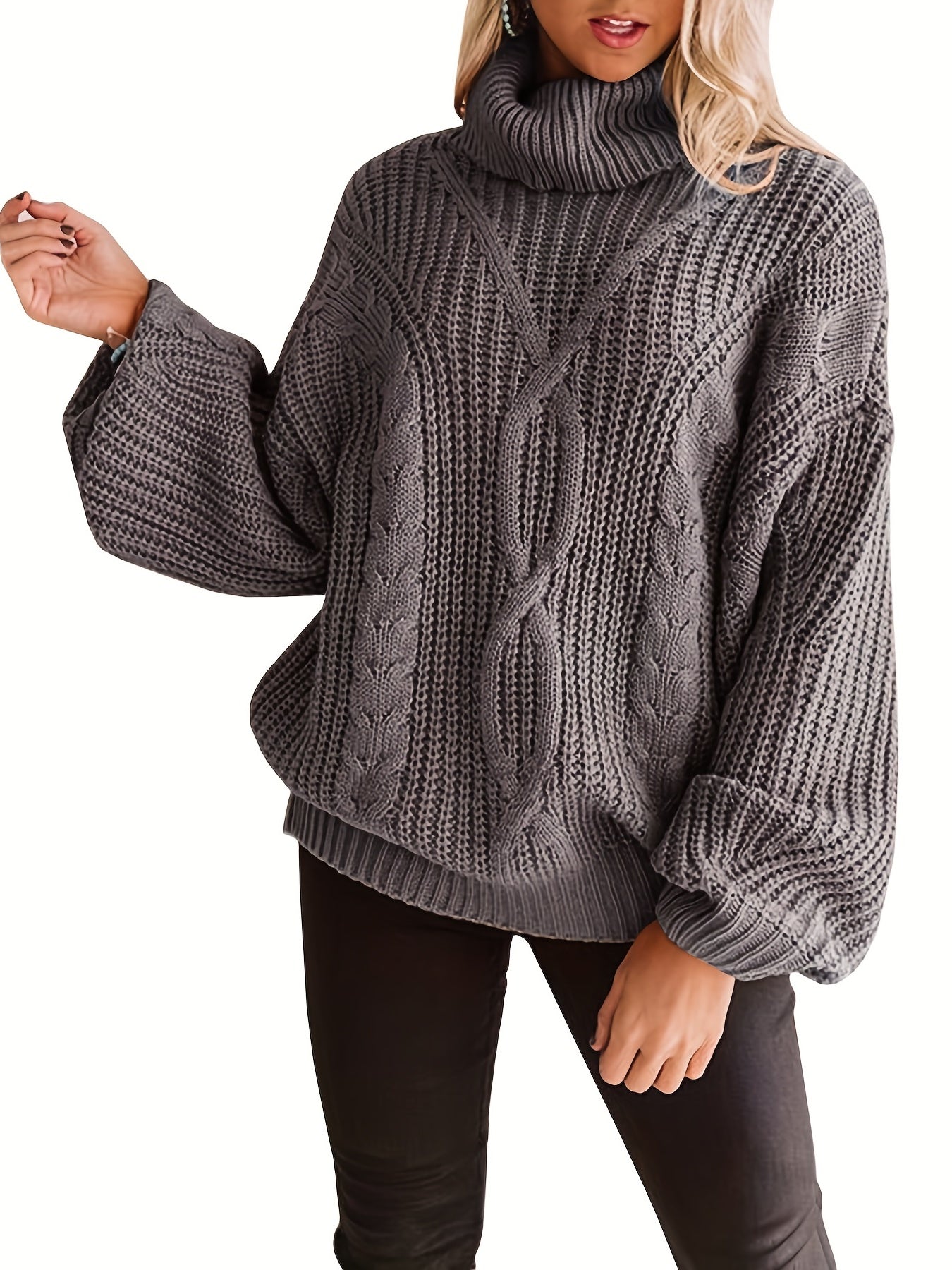  Casual Solid Lantern Sleeve Pullover Sweater