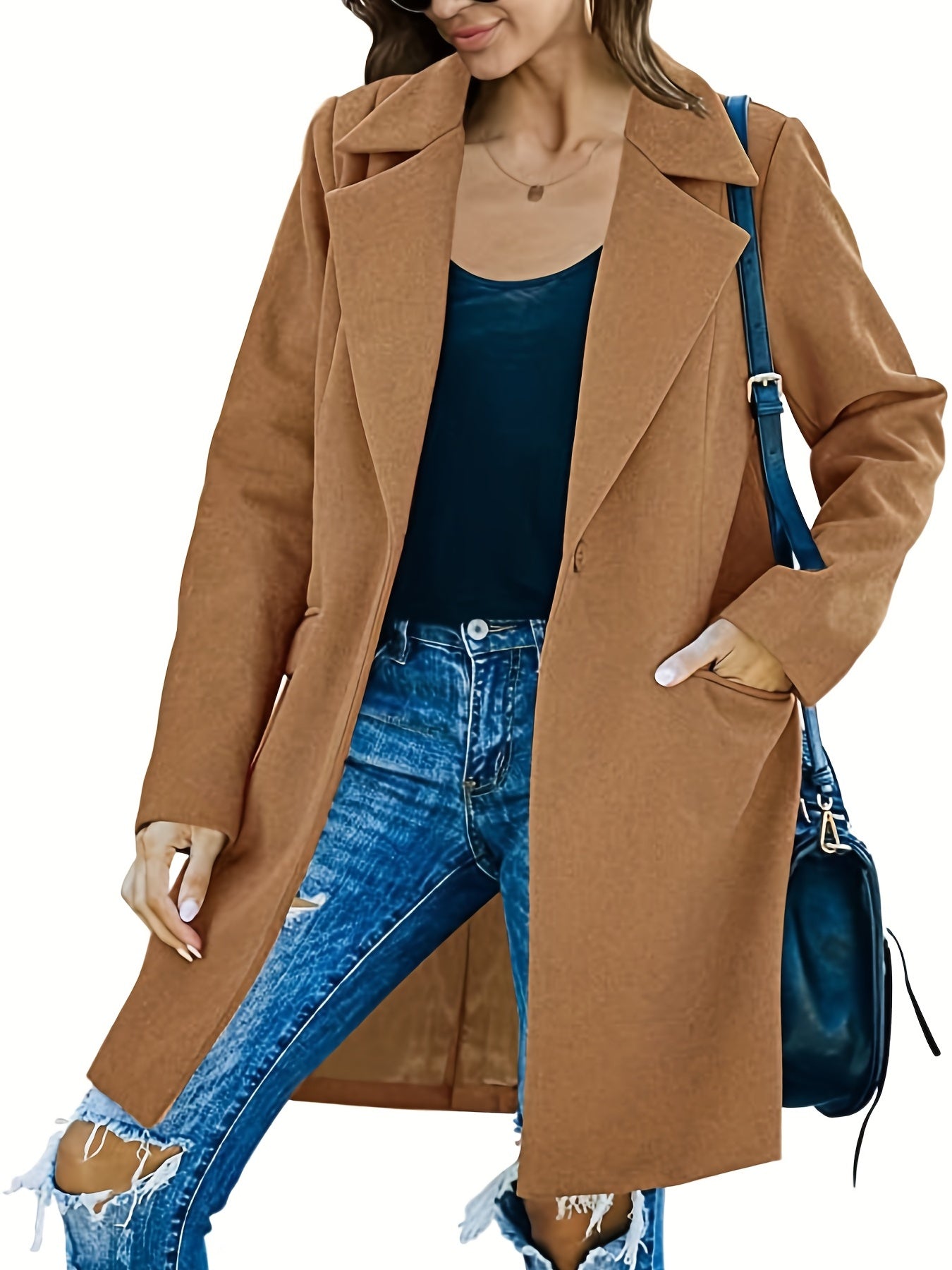 Solid Lapel Mid Length Coat Long Sleeve