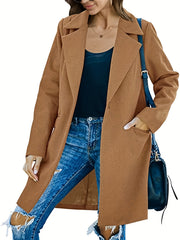 Solid Lapel Mid Length Coat Long Sleeve
