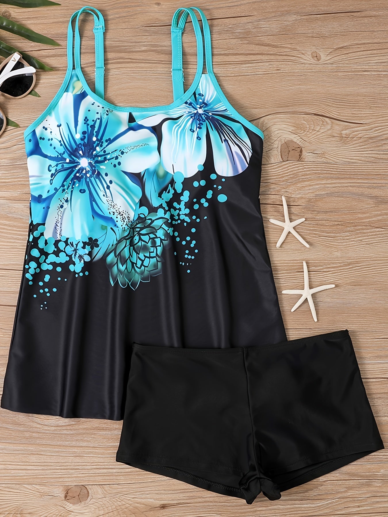  Vacay Tankini Set Women's Plus Stripe Print Round Neck Cami Top & Shor