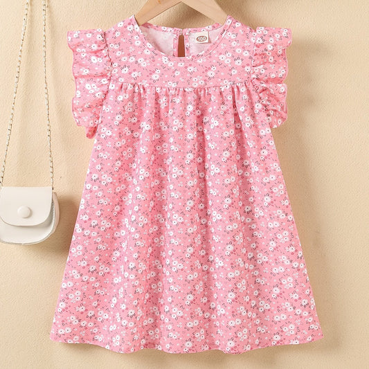 Girls Floral Dress Round Neck Sleeveless Ruffles Princess Dress Kids Summer Clot