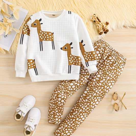 Toddler Girl's Deer Pattern 2pcs Waffle Texture Sweatshirt & Leggings Set
