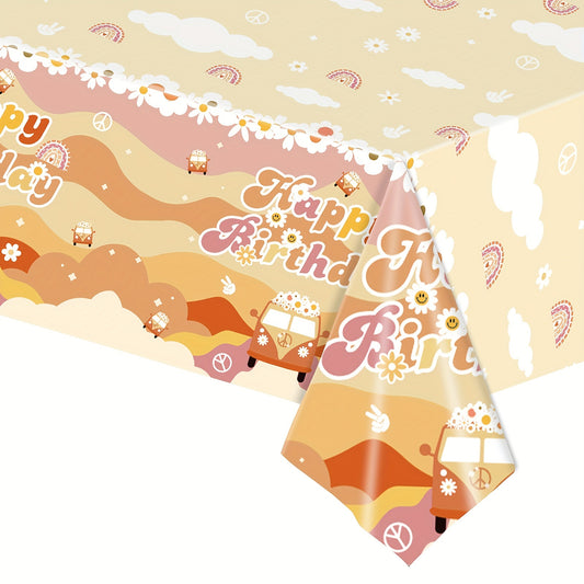 Rainbow Birthday Party Tablecloth, Disposable Hippie Bus Decoration