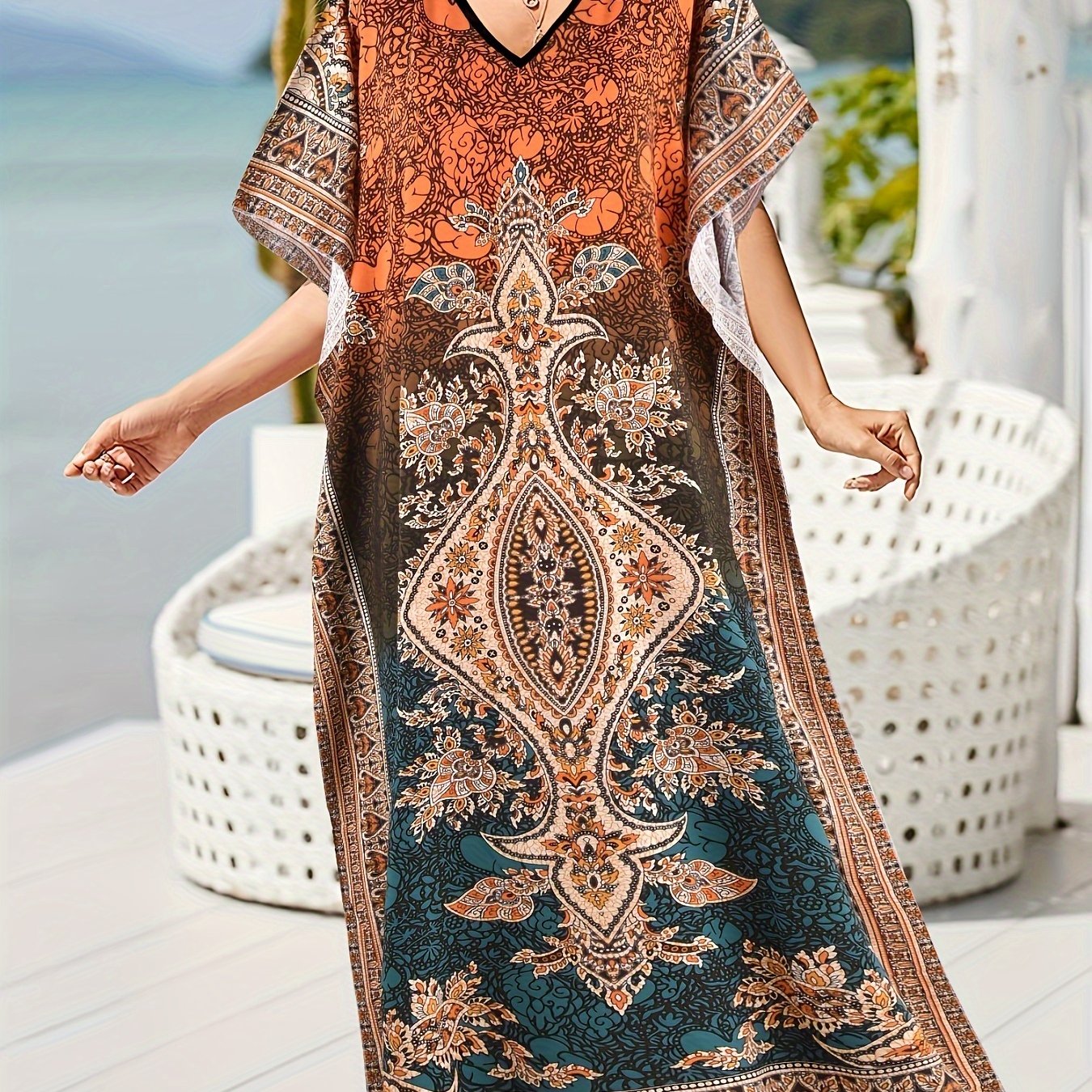  Boho Kaftan Dress Women's Plus Colorblock Floral Print Maxi