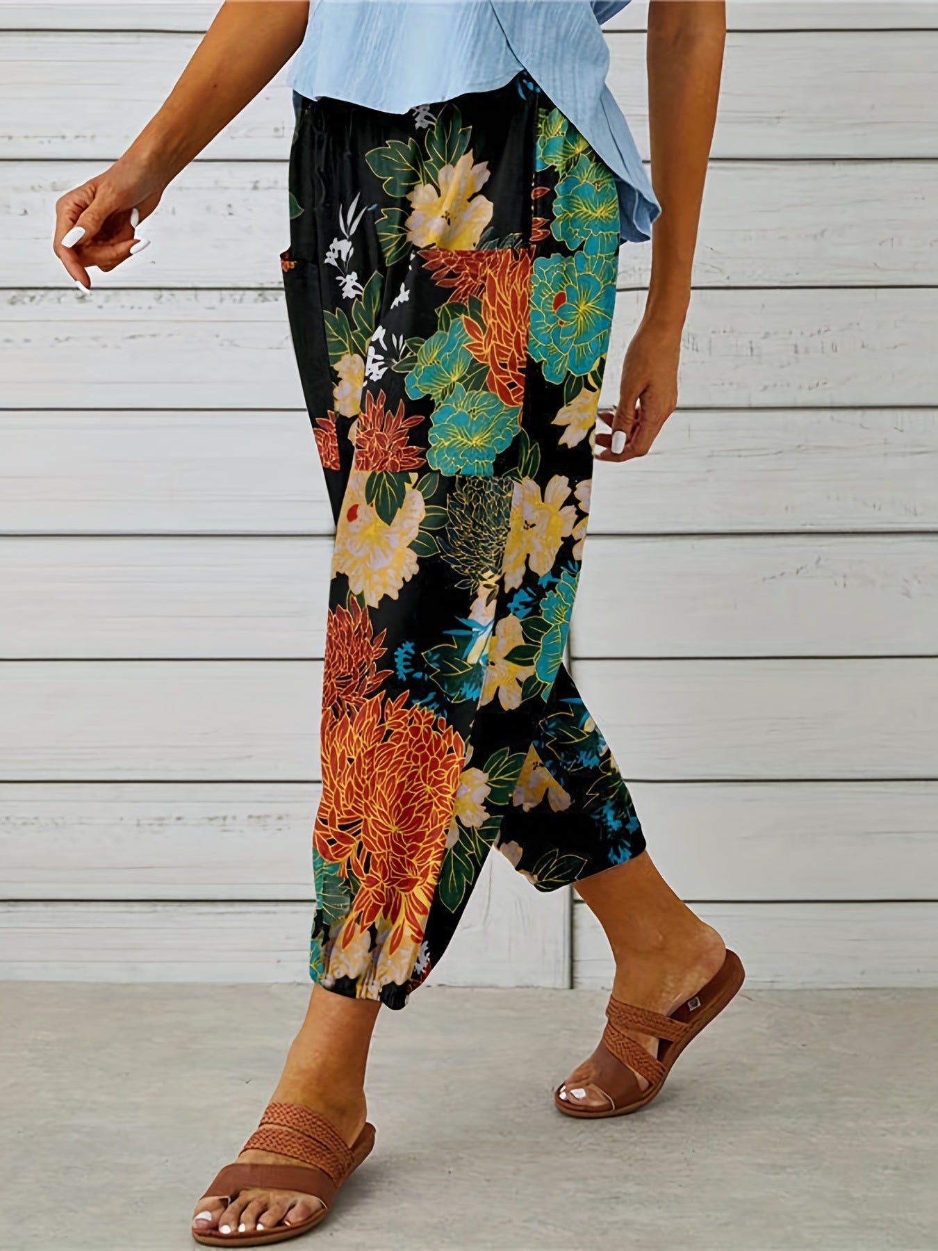 Women's Plus Size Boho Floral Print Wide Leg Joggers