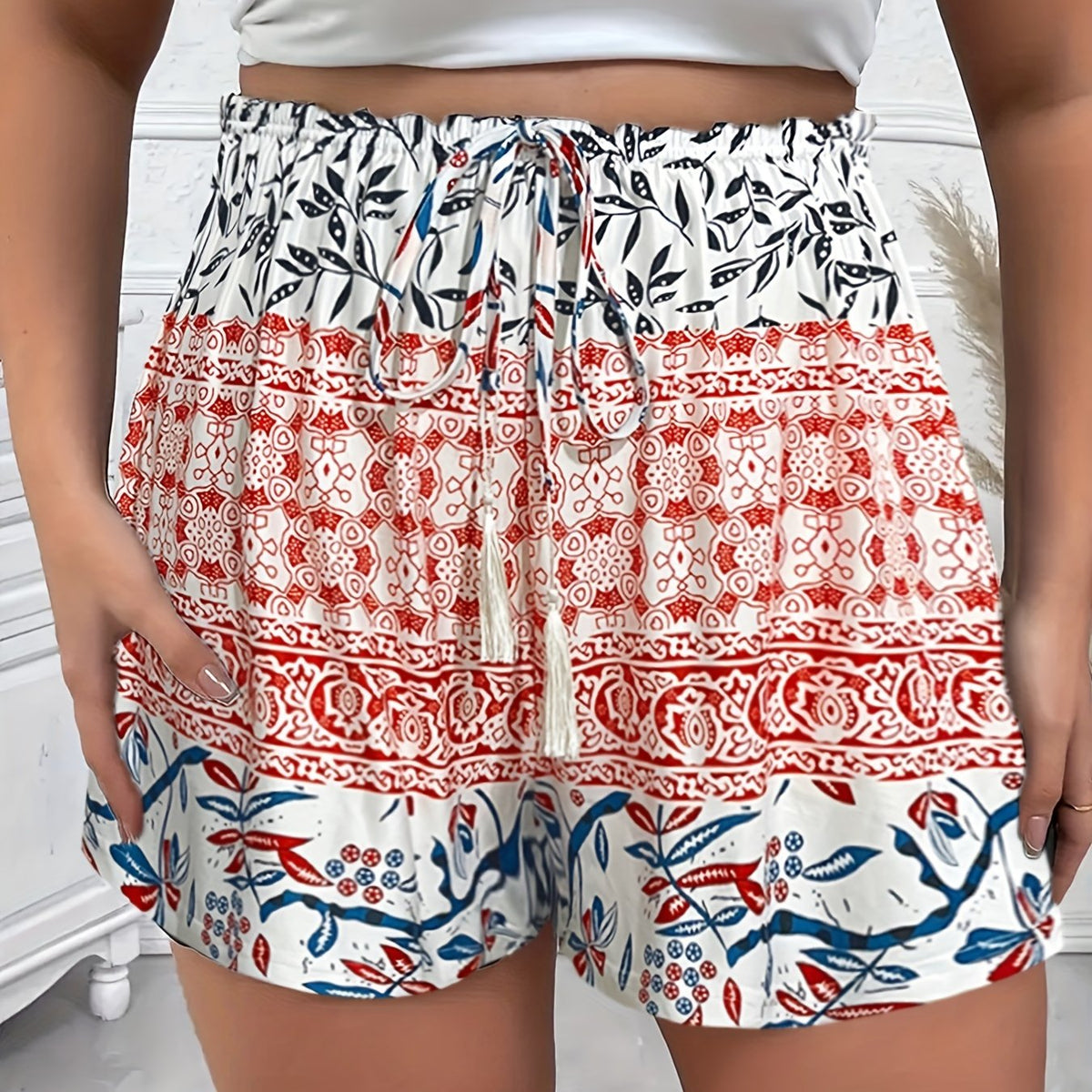  Boho Shorts Women's Plus Colorblock Floral Print Drawstring Tassel