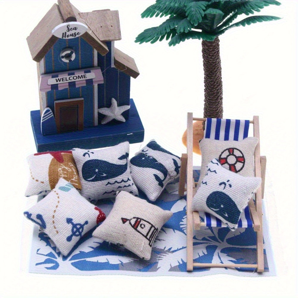 Nautical Pillow with Hand Drawn Maritime Designs - Light Brown