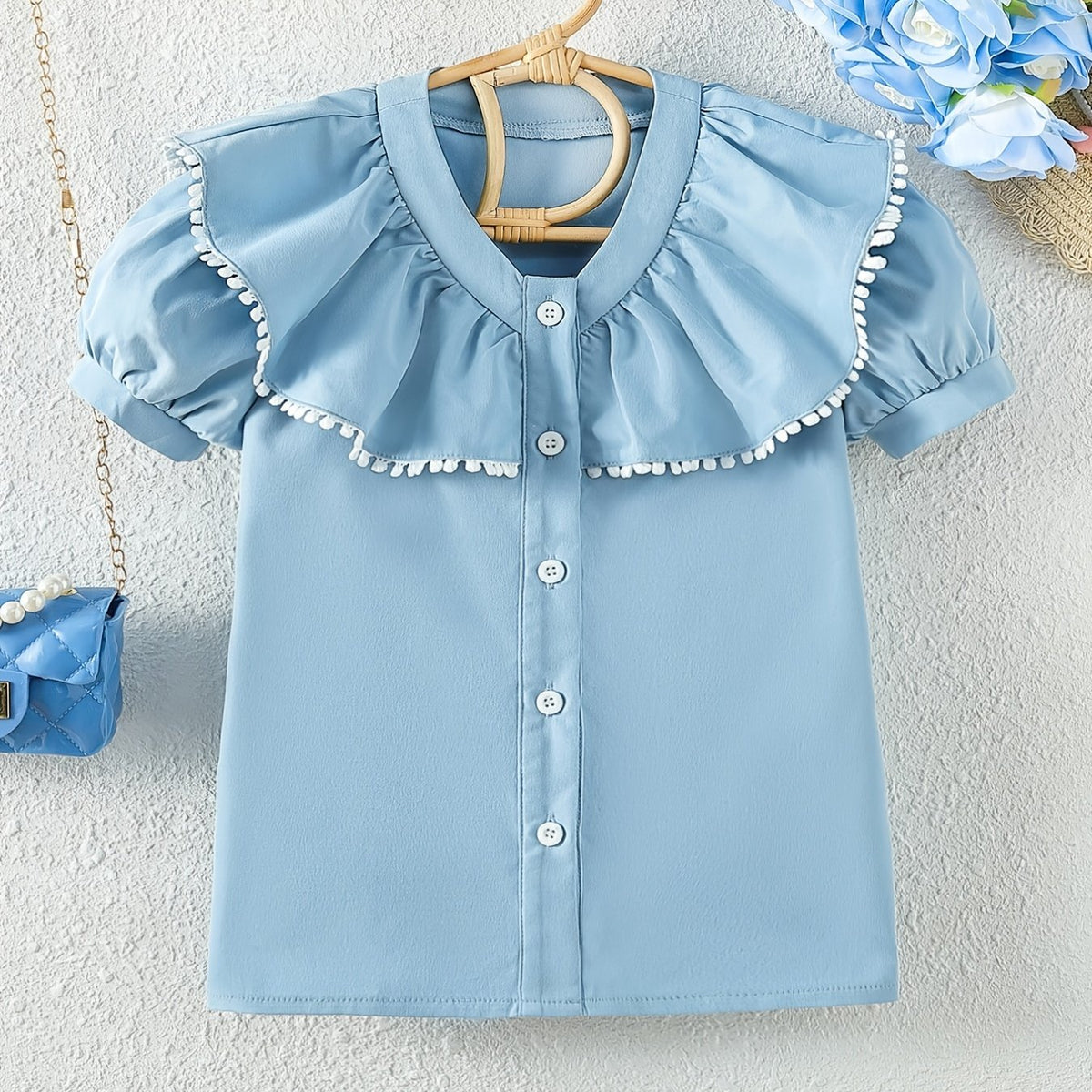 Girls Ruffle Collar Shirt Lace Puff Sleeve Top