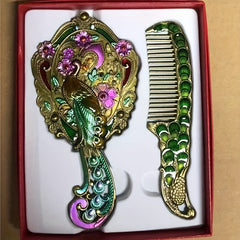 Vintage Peacock Handheld Mirror Comb Set