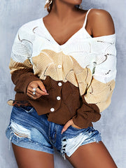  Colorblock Pointelle Long Sleeve V Neck Sweater Cardigan