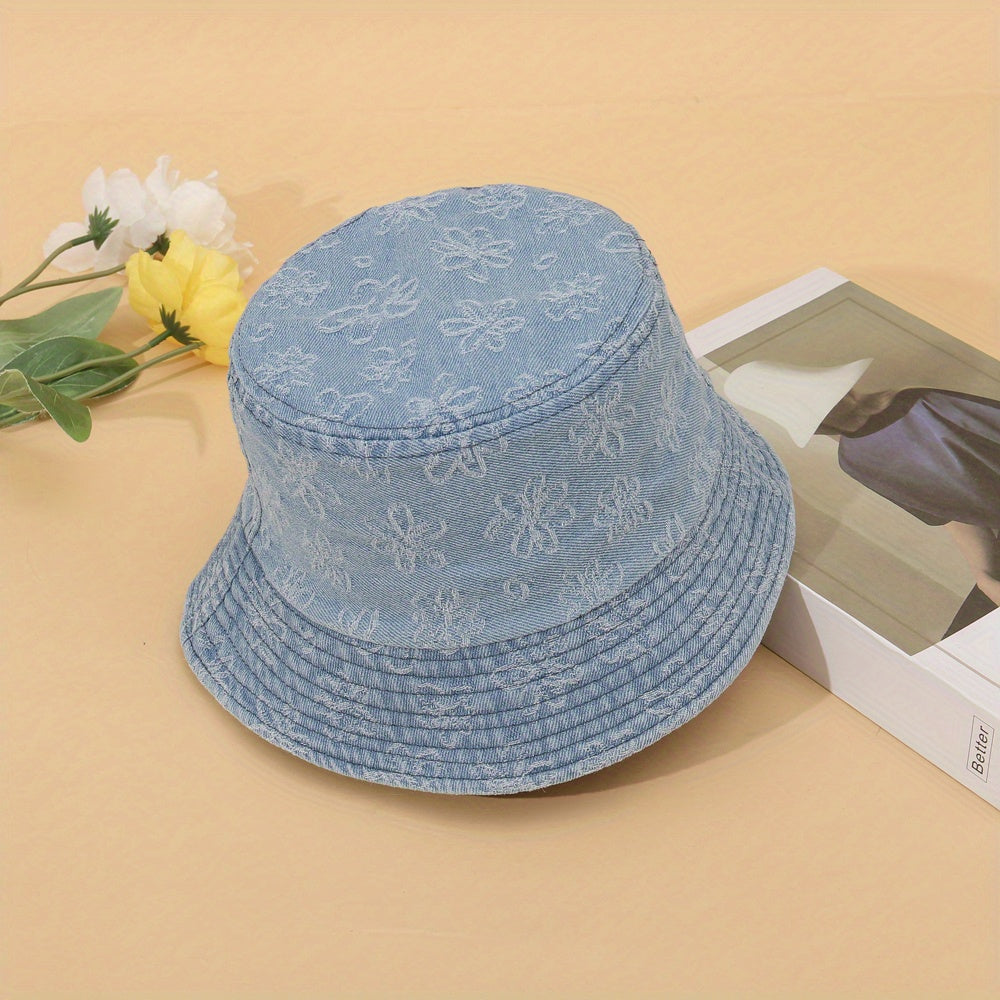 Floral Embroidery Bucket Hat Denim Washed Lightweight Fisherman Cap