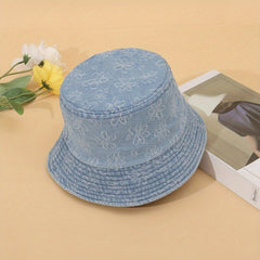 Floral Embroidery Bucket Hat Denim Washed Lightweight Fisherman Cap