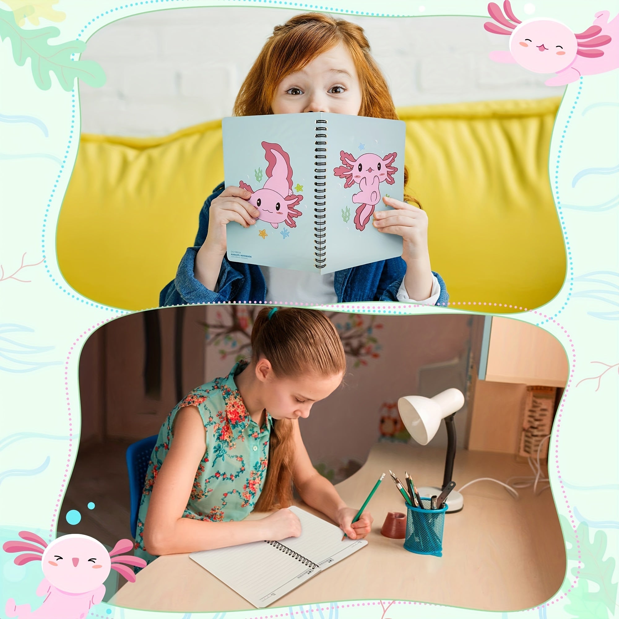 2 Pack Axolotl Lined Journal A5 Notebooks - Foldable Notepad for Girls
