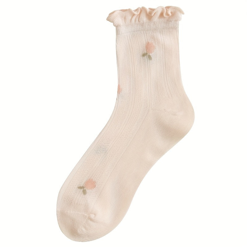 Floral Fruit Print Ruffle Socks Women's Stockings