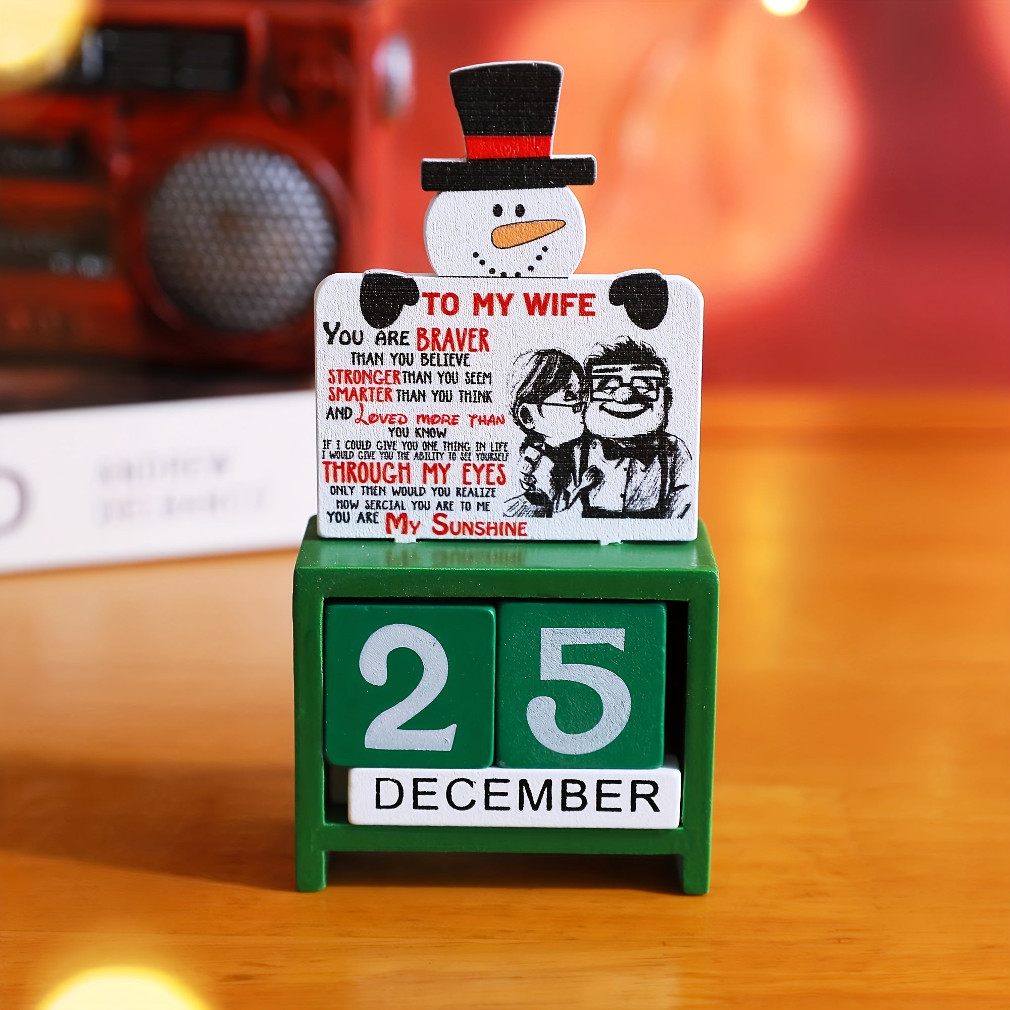 Wooden Block Desktop Calendar Christmas Decor Engraved Santa Reindeer Snowman