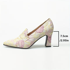 Women's Floral Embossed High Heels Pointed Toe Slip On Soft Sole Chunky Heels