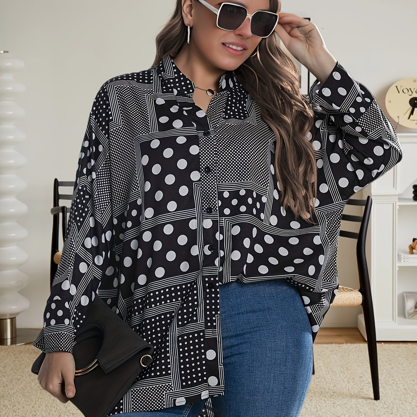  Casual Blouse Women's Plus Patchwork Print Long Sleeve Notched Neck