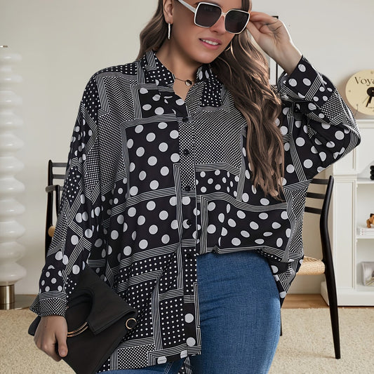  Casual Blouse Women's Plus Patchwork Print Long Sleeve Notched Neck