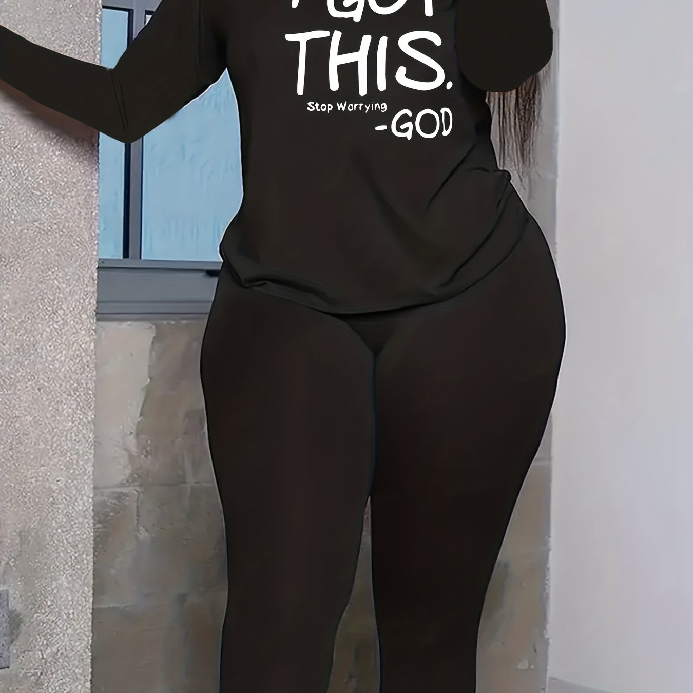  Slogan Print Long Sleeve Top & Leggings Outfit 2 Piece Set