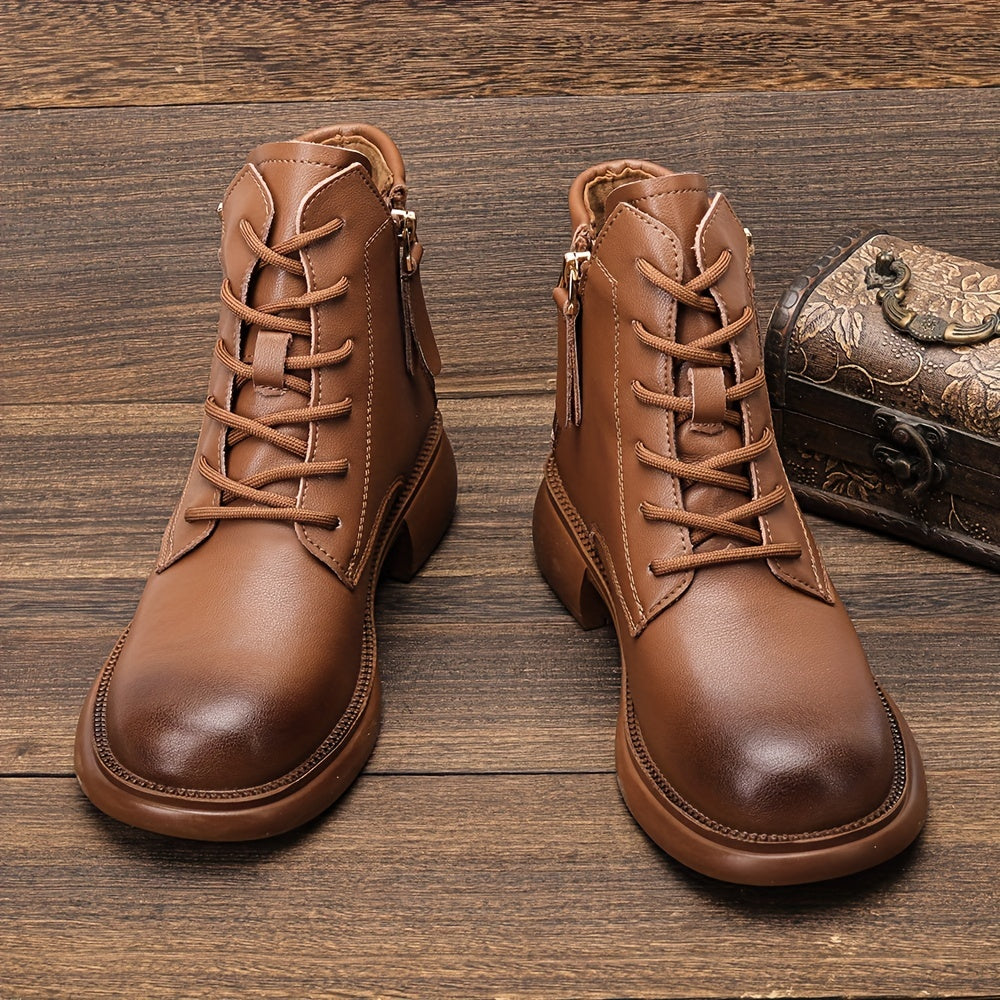 Women's Chunky Heel Lace-Up Boots Side Zipper Comfortable Outdoor