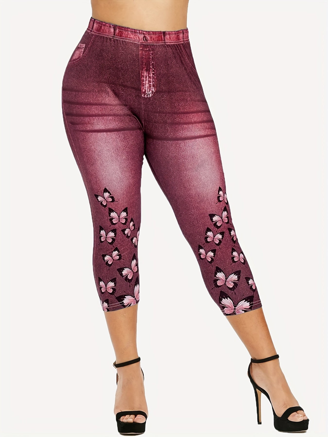 Butterfly & Denim Print Leggings Sexy Butt Lifting High Waist