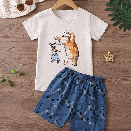 Boys Bear Print Pajama Set Crew Neck Top & Bear Paw Shorts Kids Clothes