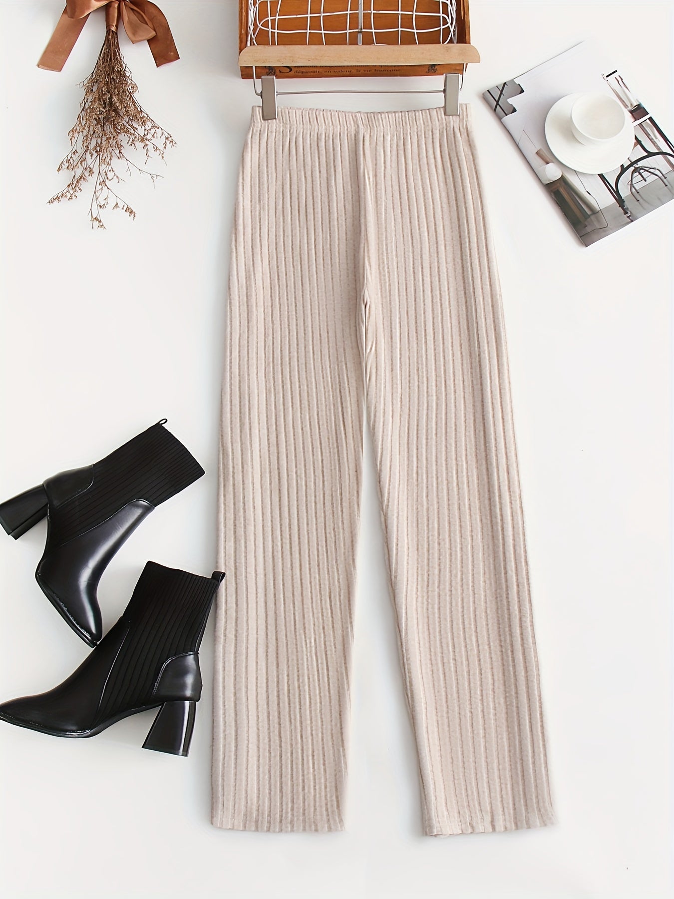  Women's Solid Ribbed High Rise Casual Pants