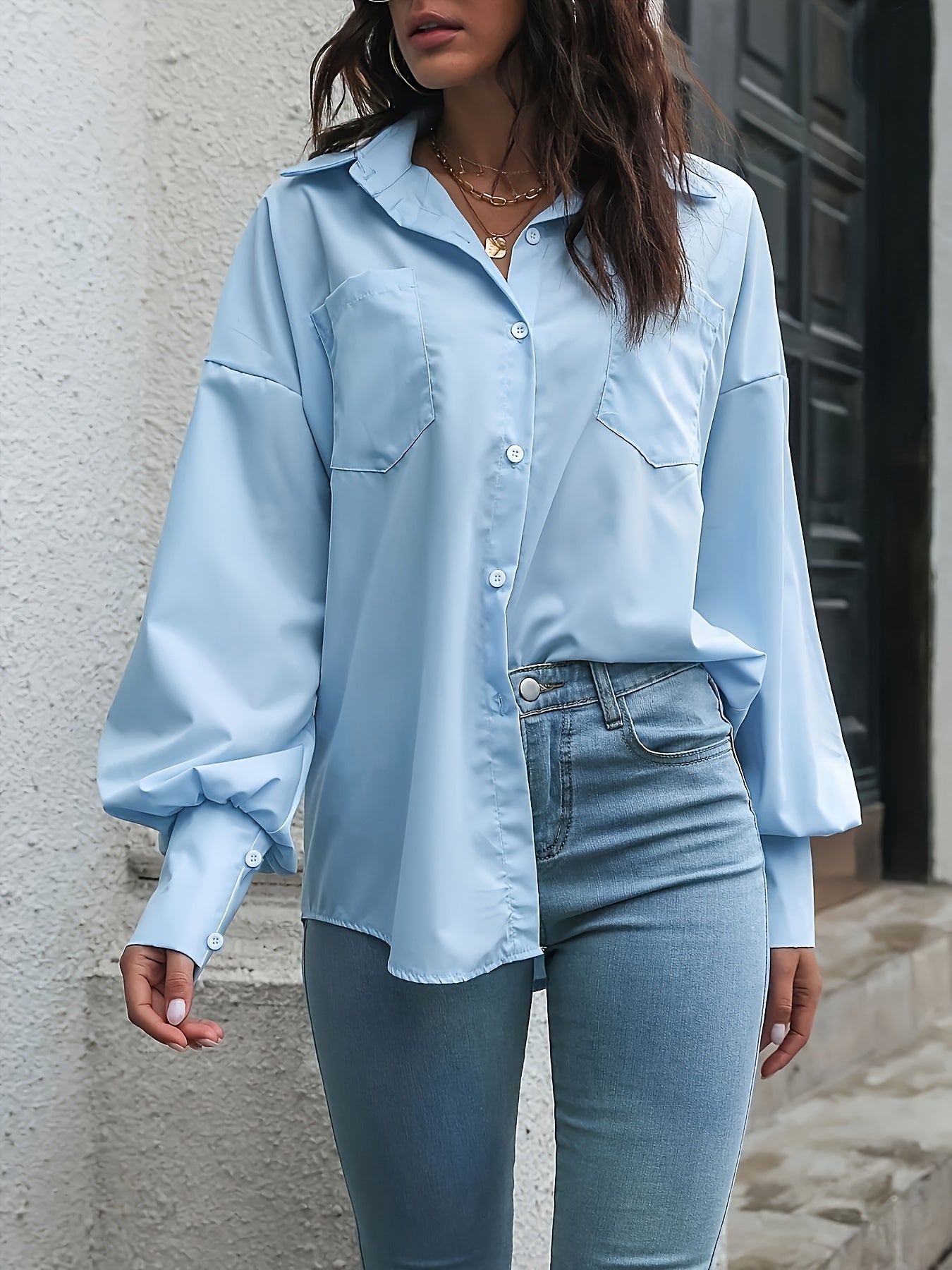  Solid Lantern Sleeve Button Up Lapel Collar Tunic Shirt Top
