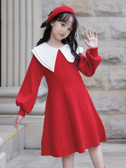Girls Comfy Cotton Dress Lantern Sleeve Collar Dress Spring Fall Winter