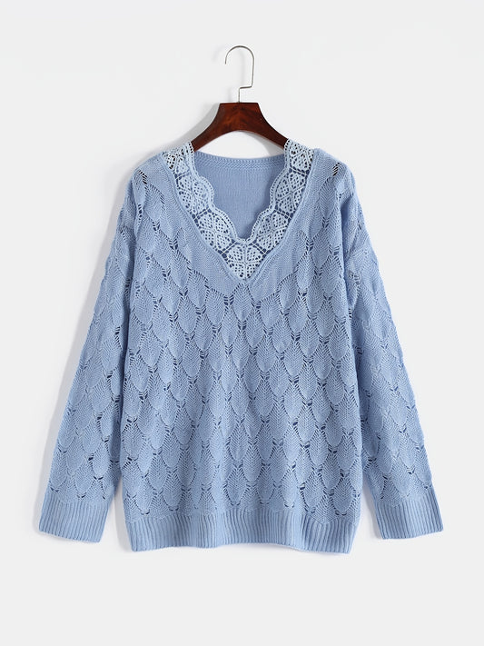  Eyelet Embroidered Lace Trim Sweater