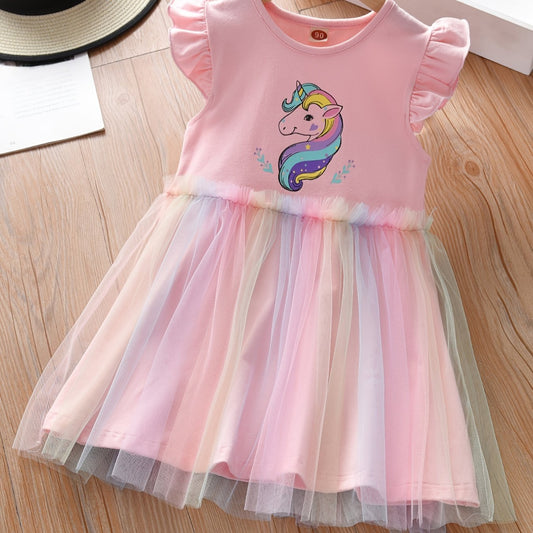 Girls Casual Mesh Dress With Unicorn Print For Summer