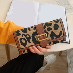 Leopard Pattern Long Purse Trifold Clutch Vintage Buckle Wallet