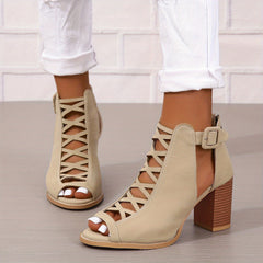 Women's Chunky Heeled Sandals Peep Toe Cut out Buckle Strap Retro High Heels