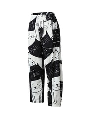  Cartoon Cat Print Wide Leg Pants