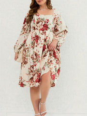  Women's Floral Print Lantern Sleeve Dress