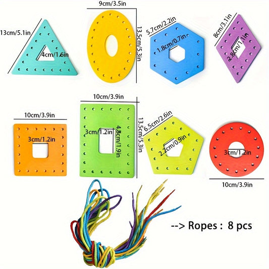 Educational Wooden Threading Toy Set Geometric Shape Colorful Lacing Boards