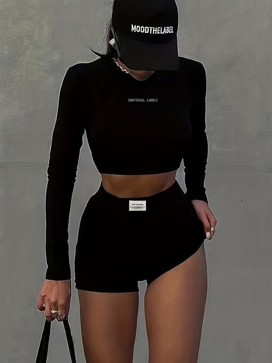 Casual Two Piece Set Crew Neck Long Sleeve Cropped Tops & Work Out Shorts