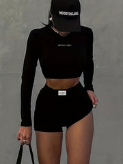Casual Two Piece Set Crew Neck Long Sleeve Cropped Tops & Work Out Shorts
