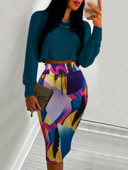  Round Neck Crop Top & Midi Dress Set