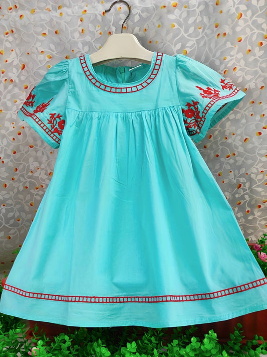 Girls Floral Embroidery Short Sleeve Cotton Dress Boho Style