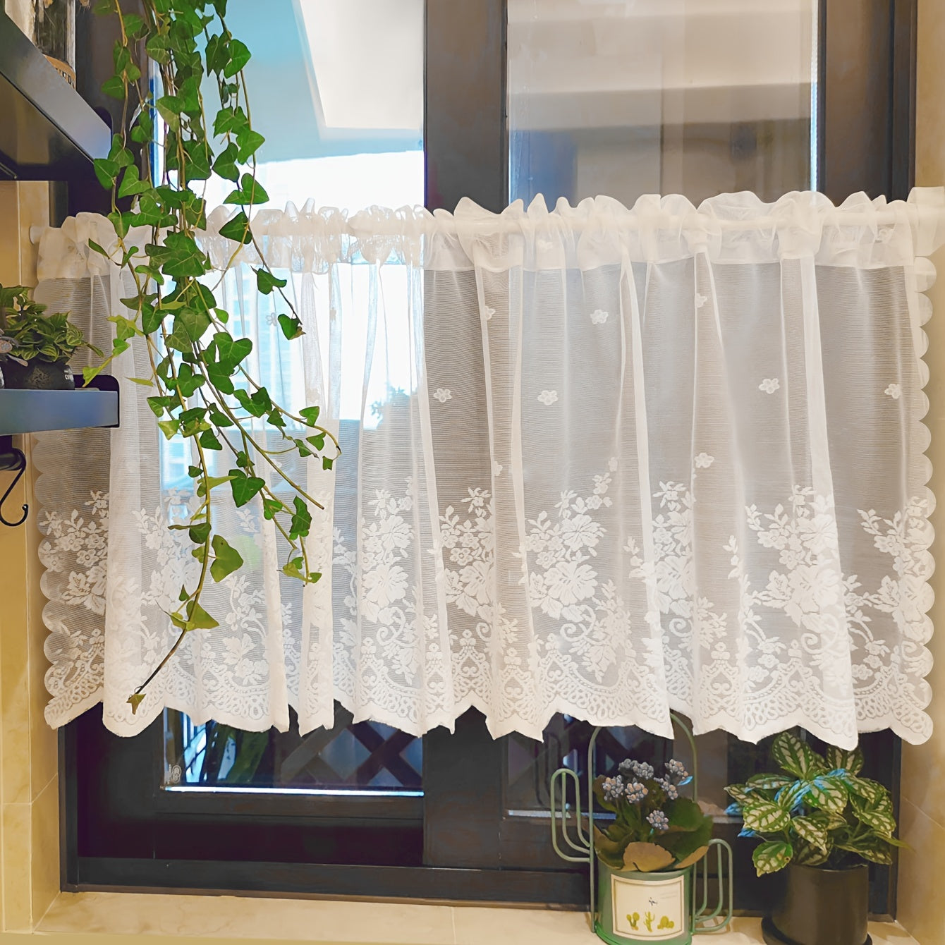 Lace Cafe Curtain Flower Design Rod Pocket Kitchen Dining Room Window Decor