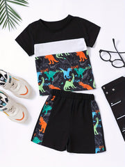 Toddler Boys Letter Dinosaur Print Tee Track Shorts Set