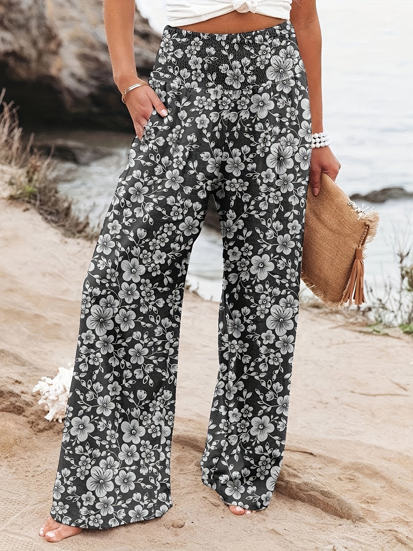 Floral Print High Rise Wide Leg Pants With Pockets