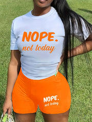 Letter Print Casual Two piece Set Crew Neck Short Sleeve Tee & Slim Shorts