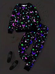 Star & Moon Reflective Girl's 2pcs Sweatshirt & Sweatpants Set