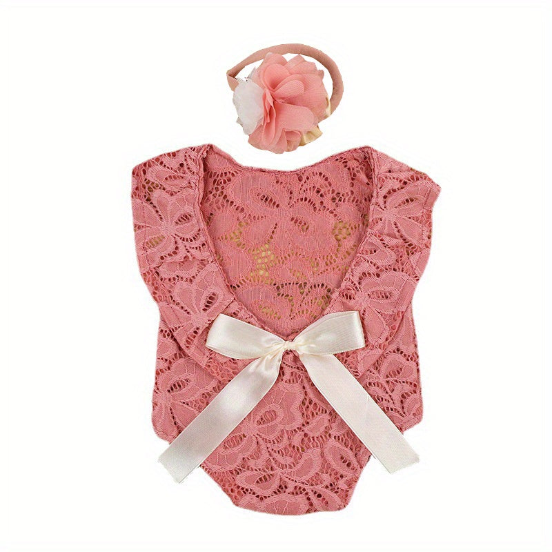 Baby Bow Lace Photography Suit Set Rose Red Beige Skin
