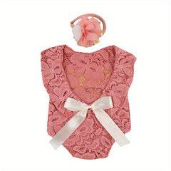 Baby Bow Lace Photography Suit Set Rose Red Beige Skin