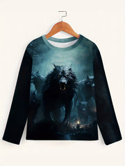 Wolf Print Men's Long Sleeve Tee for Autumn