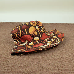 Foldable Sunshade Bucket Hat Mushroom Print Double Sided Sun Hat