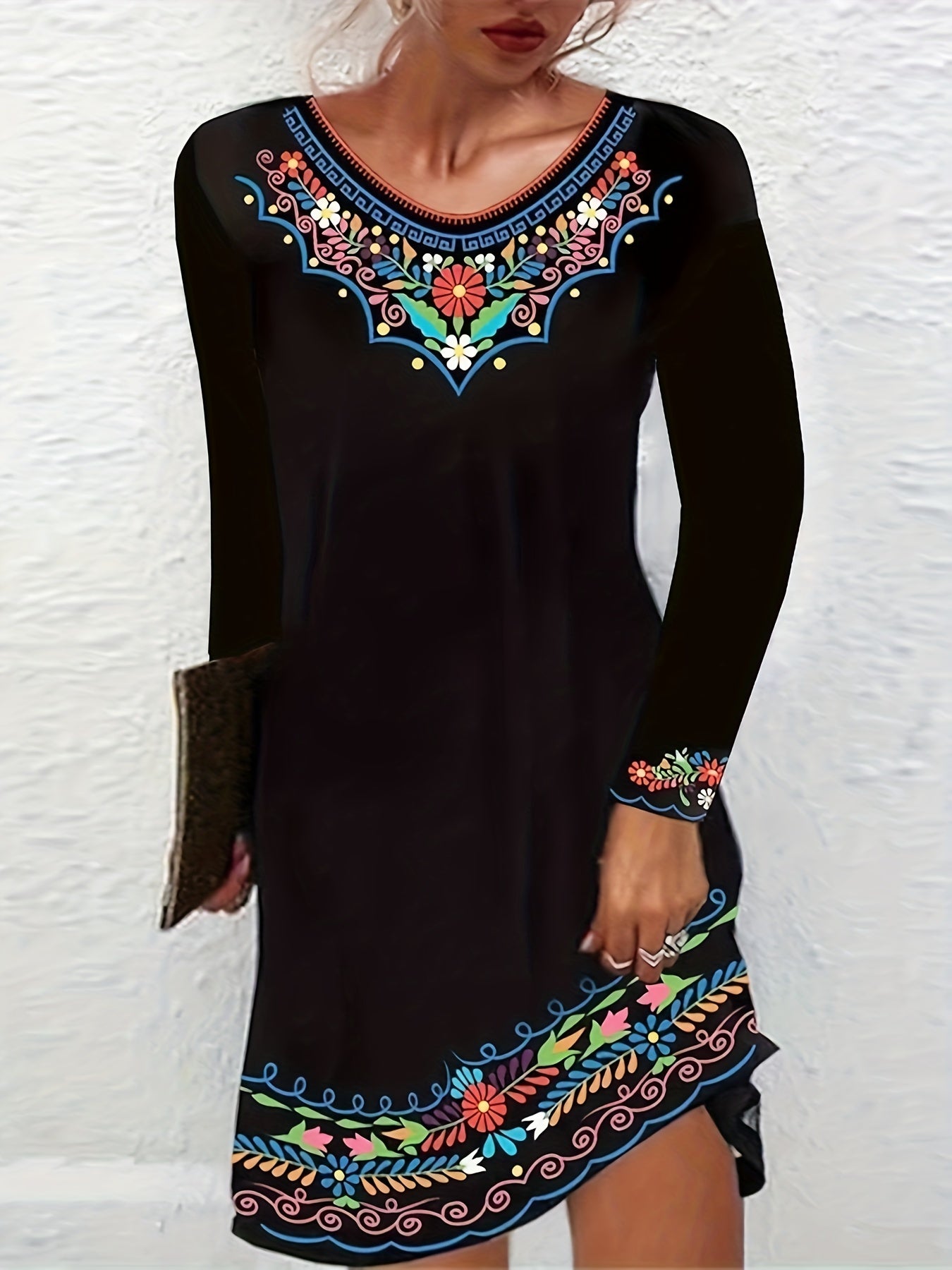  Floral Print Round Neck Long Sleeve Stretch Dress
